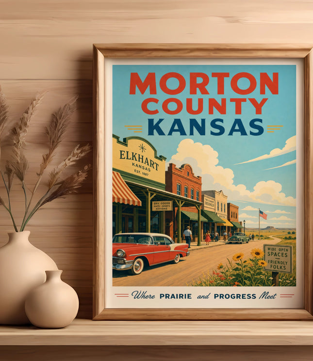 Poster for Morton County, Kansas featuring Elkhart and vintage car.