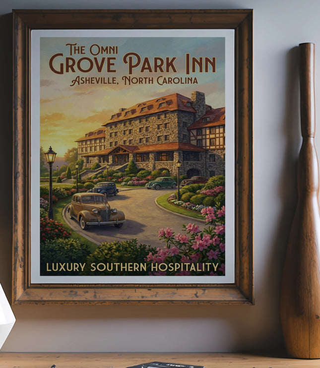 Vintage art print of The Omni Grove Park Inn, Asheville, North Carolina.