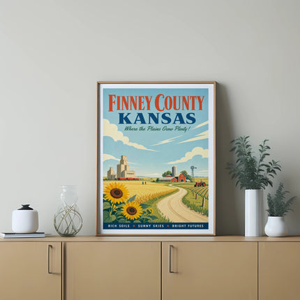 Finney County Kansas poster with sunflowers, silo, and barn, reads "Where the Plains Grow Plenty!"