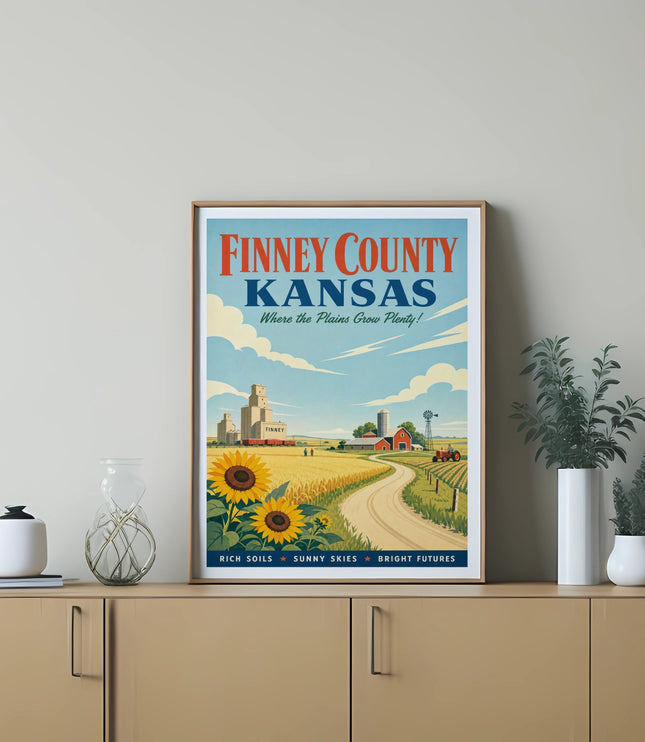 Finney County Kansas poster with sunflowers, silo, and barn, reads "Where the Plains Grow Plenty!"