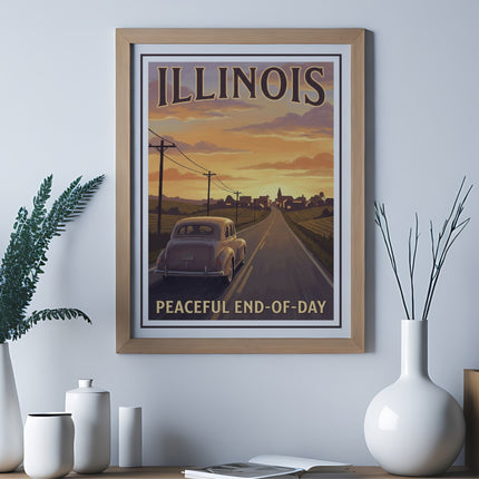 Vintage Illinois travel poster with car and sunset on a road.
