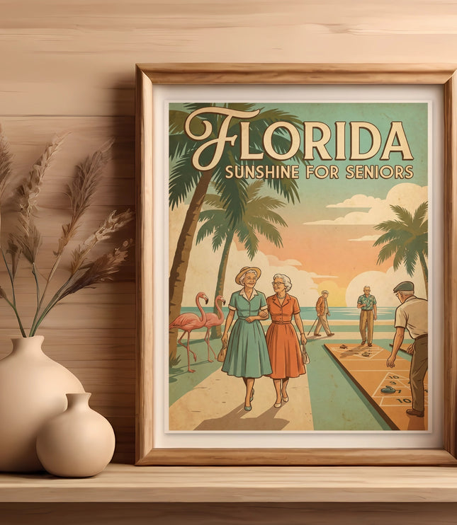 Florida Sunshine for Seniors vintage poster with palm trees, flamingos, and people playing shuffleboard.