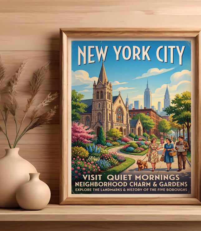 New York City poster featuring a church, skyline, and people with dog. Text includes "New York City".