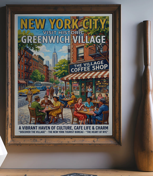 New York City poster of Greenwich Village street scene with coffee shop and people.