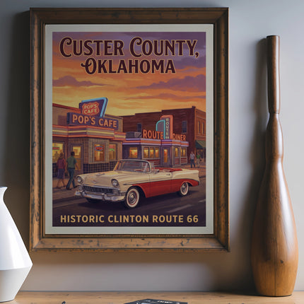 Custer County, Oklahoma Route 66 poster with diner and classic car.