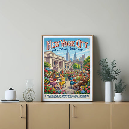 New York City Library Courtyard poster with people reading.