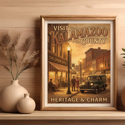 Vintage poster "Visit Kalamazoo County" featuring Union Cafe and Kalamazoo Creamery van.