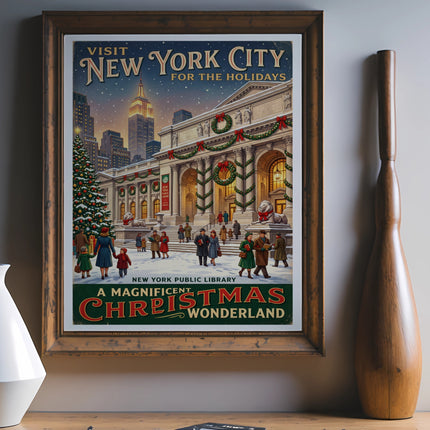 Vintage New York City Christmas holidays poster with Public Library and crowds.