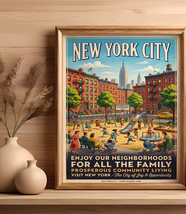 New York City travel poster shows a neighborhood playground with the Empire State Building.