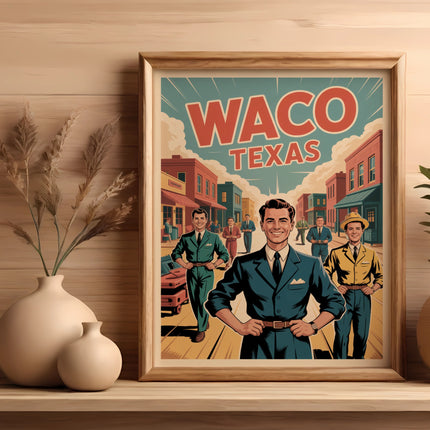Framed artwork of three men in suits with "Waco Texas" text above a street scene.