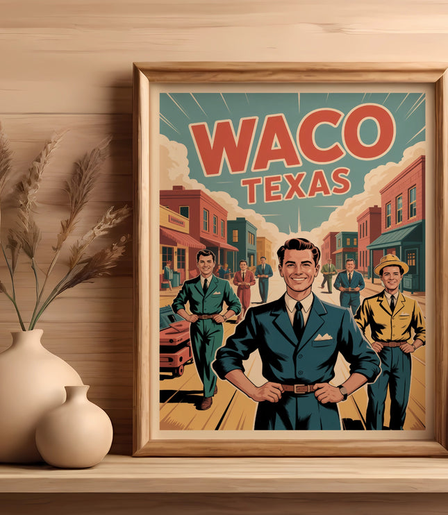 Framed artwork of three men in suits with "Waco Texas" text above a street scene.