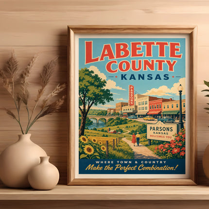 Labette County, Kansas poster with Parsons welcoming text, featuring buildings, people, and sunflowers.