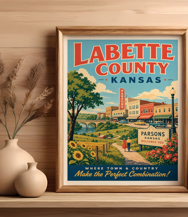 Labette County, Kansas poster with Parsons welcoming text, featuring buildings, people, and sunflowers.