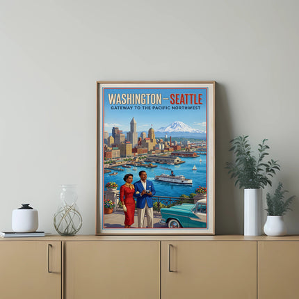 Washington-Seattle Gateway to the Pacific Northwest vintage travel poster with couple.