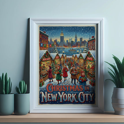 Christmas in New York City market scene with people and skyscrapers.