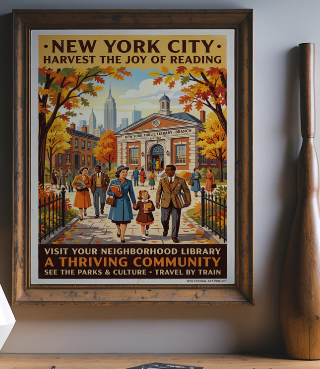 New York City public library poster with "Harvest the Joy of Reading" text.