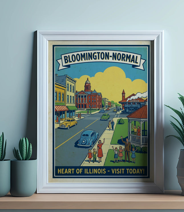 Vintage art print depicting Bloomington-Normal, Illinois, with a town square scene and text.