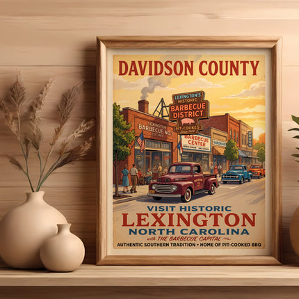 Davidson County, Lexington, North Carolina historic barbecue district vintage poster.
