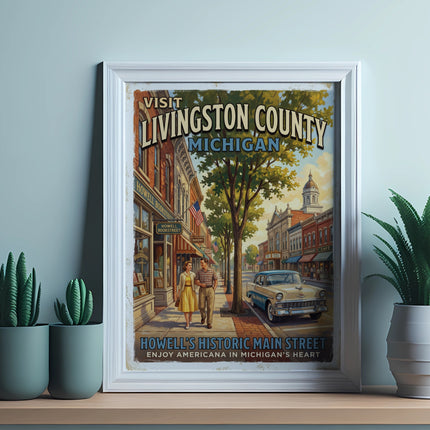 Visit Livingston County, Michigan: Howell's Historic Main Street vintage travel poster.