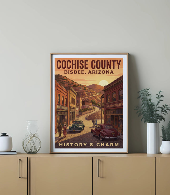 Cochise County Bisbee Arizona vintage travel poster with historic buildings and cars.