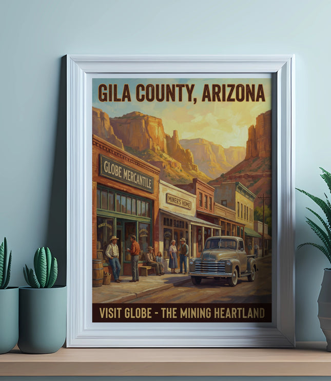 Gila County, Arizona vintage poster with Globe Mercantile and Miner's Home storefronts.