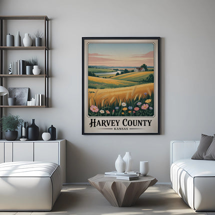 Poster of Kansas wheat fields and farm scene for Harvey County.