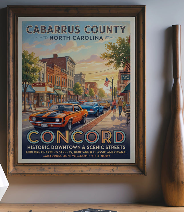 Concord, North Carolina vintage travel poster with classic cars and downtown street scene.