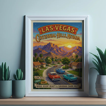 Las Vegas Centennial Hills, Nevada artwork with retro cars and desert mountains.