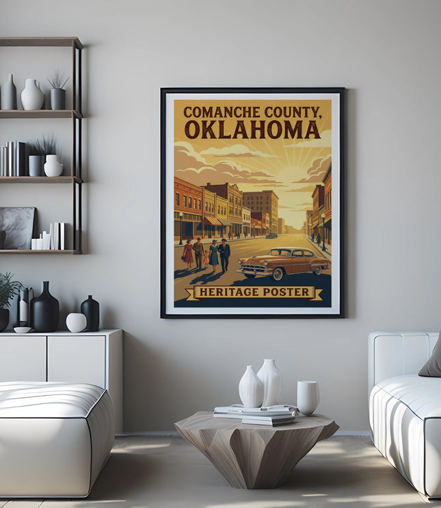 Vintage heritage poster of Comanche County, Oklahoma with a retro car and town scene.