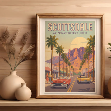 Framed "Scottsdale Arizona's Desert Jewel" art with vintage cars and palm trees.