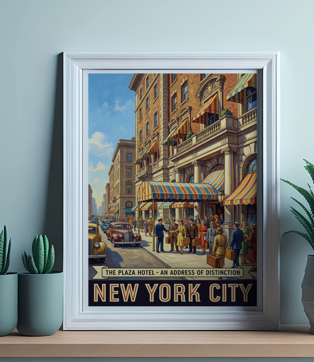 Vintage "New York City" poster featuring The Plaza Hotel and street scene.