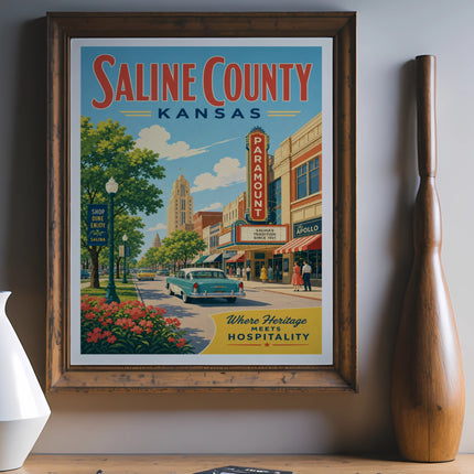 Saline County Kansas vintage travel poster featuring Paramount and Apollo theaters.