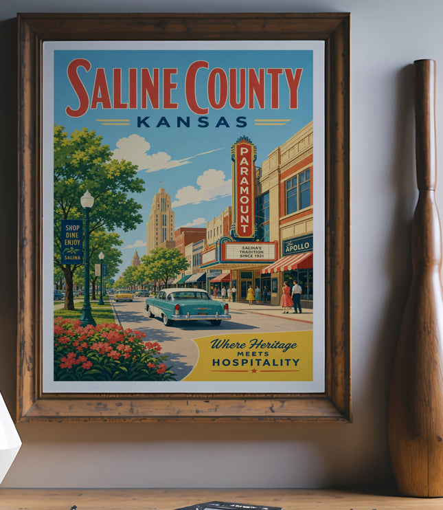Saline County Kansas vintage travel poster featuring Paramount and Apollo theaters.