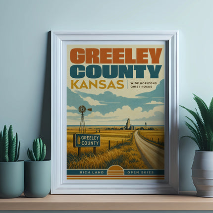Greeley County Kansas poster with farm landscape and text.