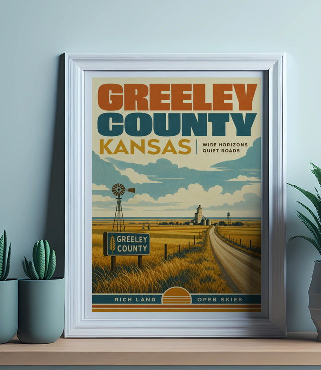 Greeley County Kansas poster with farm landscape and text.