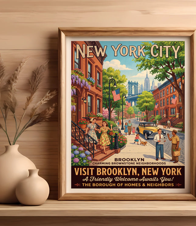 Vintage poster depicts Brooklyn street scene with "Visit Brooklyn, New York" text.