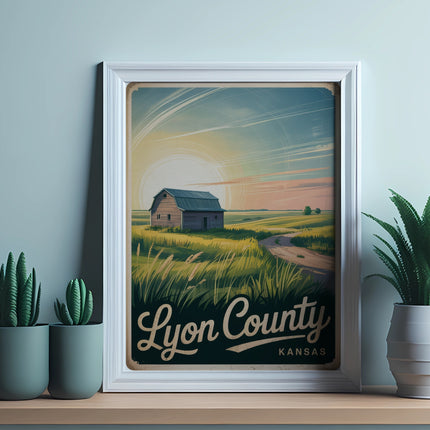 Framed art depicting a rural landscape with the text "Lyon County Kansas."