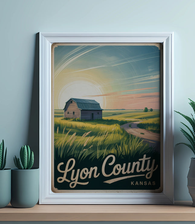 Framed art depicting a rural landscape with the text "Lyon County Kansas."