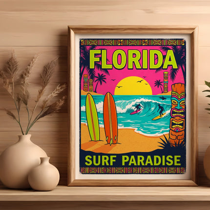 Framed "Florida Surf Paradise" poster with surfers, palm trees, and a sunset.