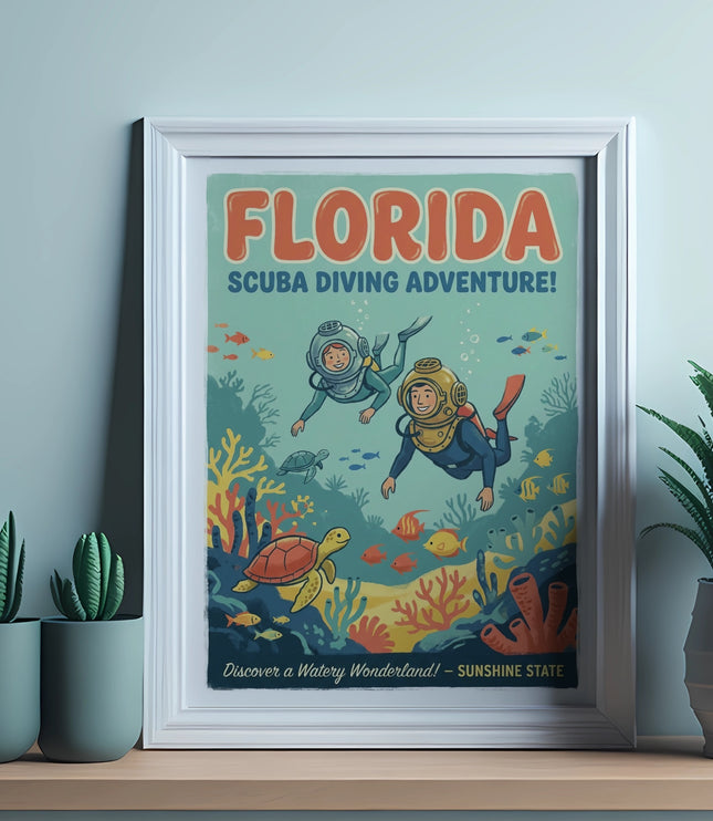 Vintage Florida scuba diving poster featuring divers and sea turtles.