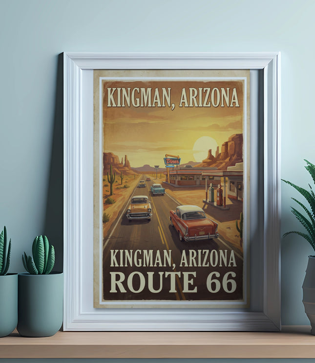 Vintage poster of Kingman, Arizona Route 66 with classic cars and a desert diner scene.