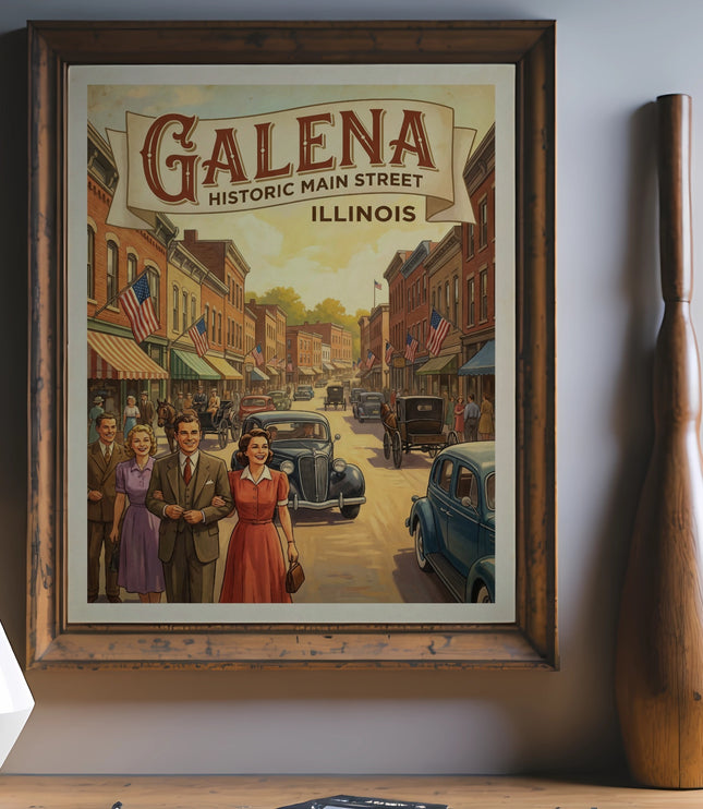 Galena Historic Main Street Illinois vintage poster with couples and vintage cars
