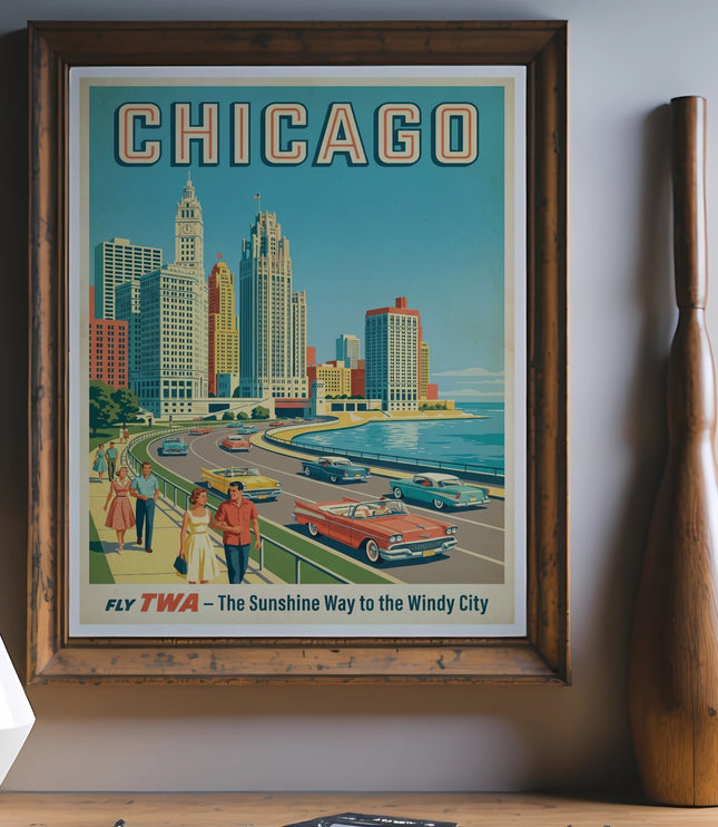 Vintage TWA poster featuring Chicago skyline, vintage cars and people walking.