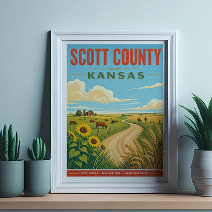 Scott County, Kansas vintage travel poster featuring rural landscape and text.