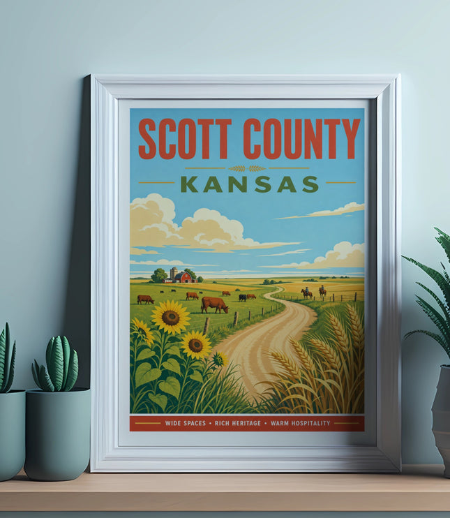 Scott County, Kansas vintage travel poster featuring rural landscape and text.