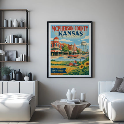 McPherson County Kansas poster with vintage town scene and text.