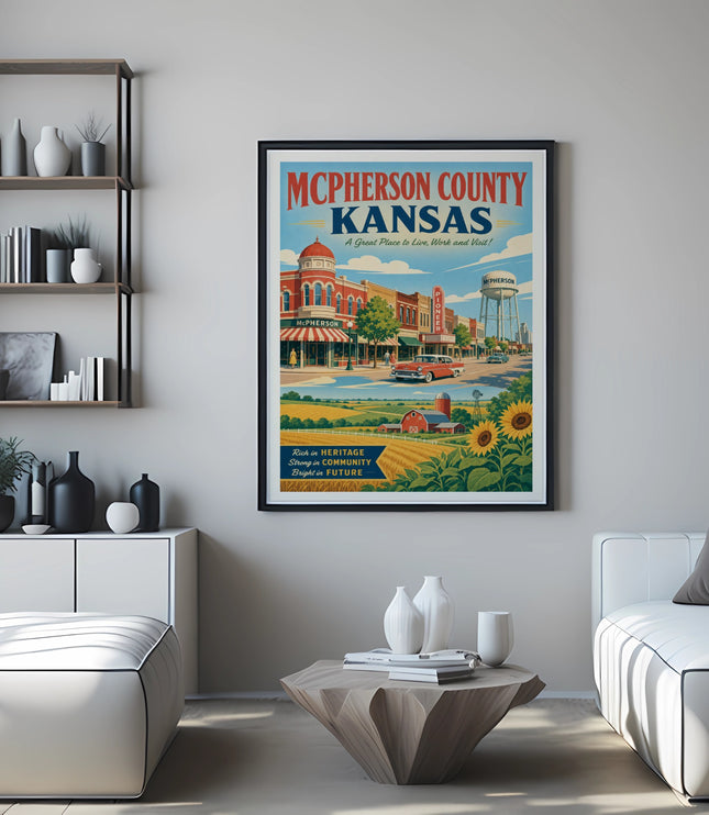 McPherson County Kansas poster with vintage town scene and text.