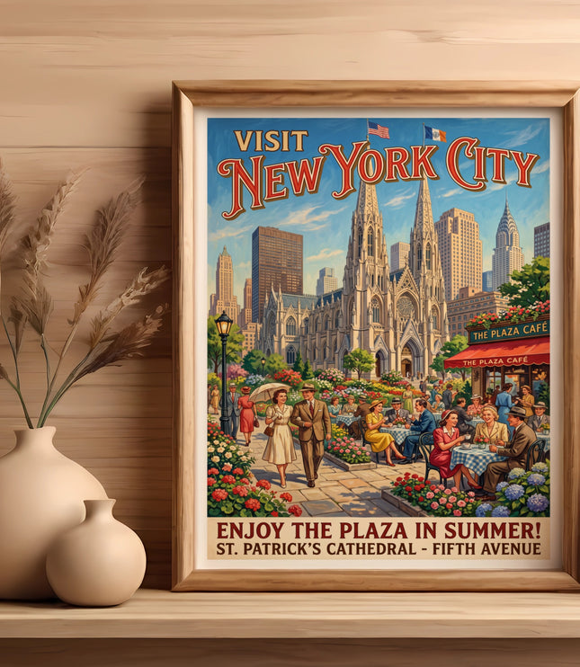 Vintage style poster showing "Visit New York City" with St. Patrick's Cathedral.
