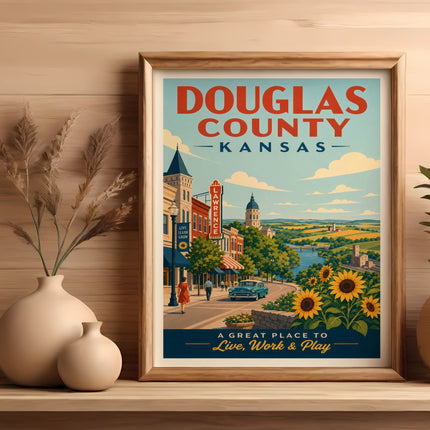 Douglas County, Kansas travel poster with vintage town scene and sunflowers.