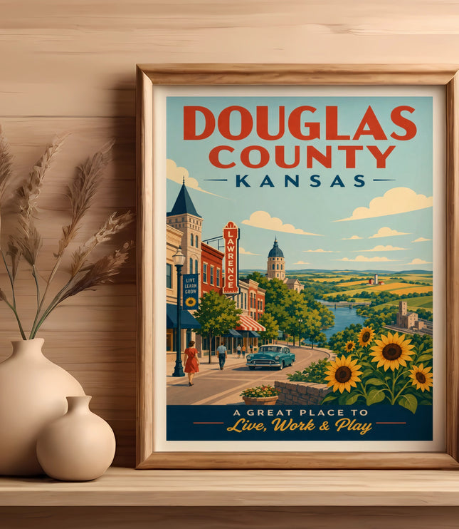 Douglas County, Kansas travel poster with vintage town scene and sunflowers.
